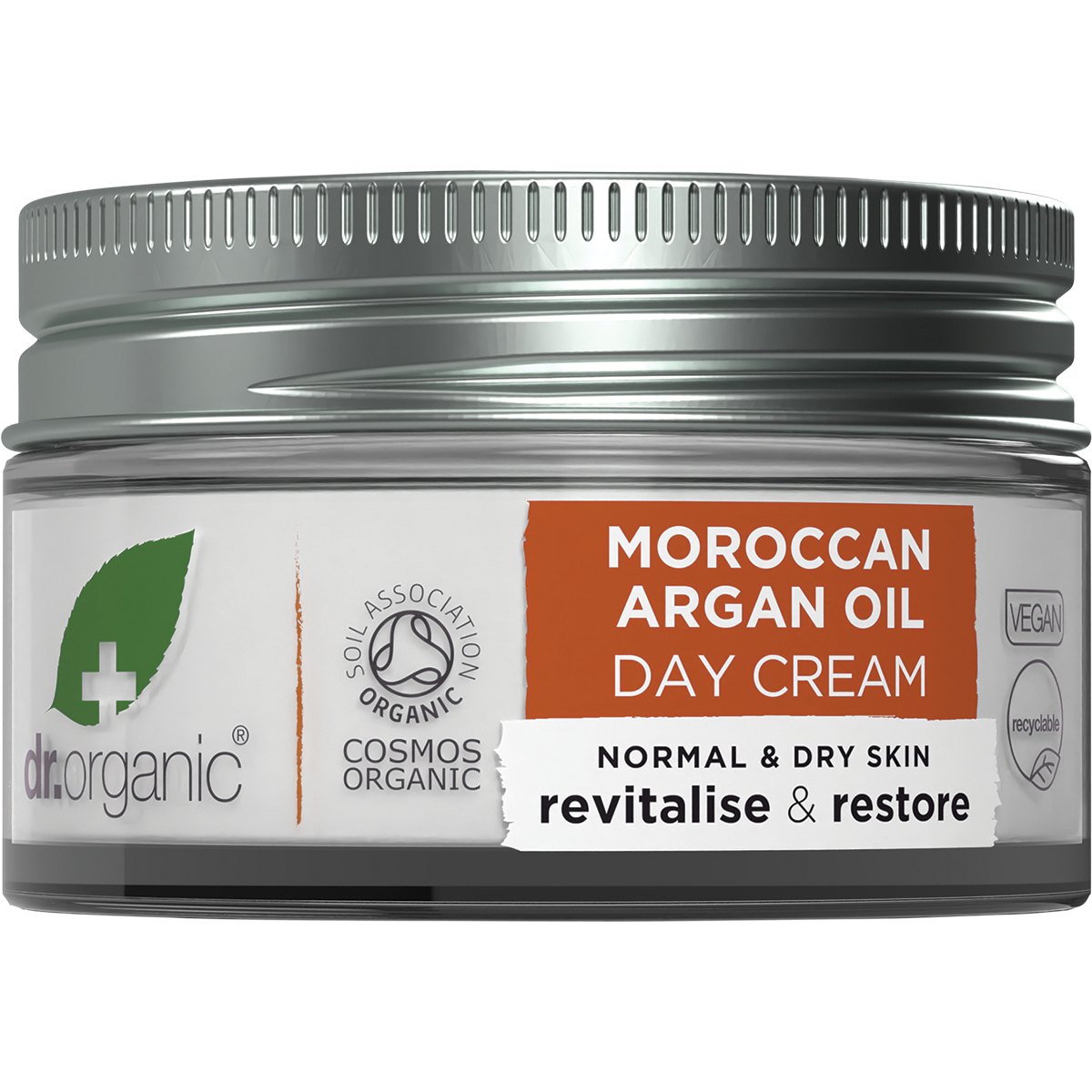 50ml glass jar of Dr Organic Moroccan Argan Oil Day Cream with a white lid and a separate product box.