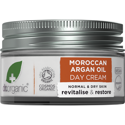 50ml glass jar of Dr Organic Moroccan Argan Oil Day Cream with a white lid and a separate product box.