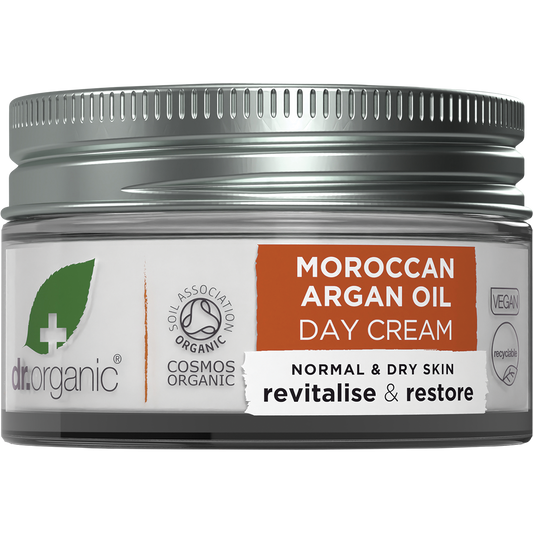 50ml glass jar of Dr Organic Moroccan Argan Oil Day Cream with a white lid and a separate product box.