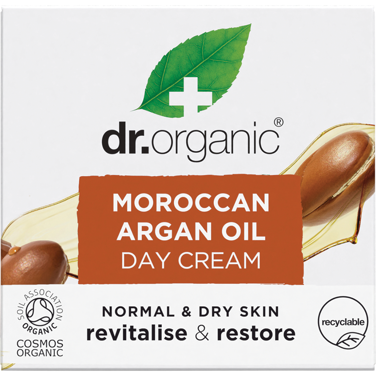 Dr Organic Moroccan Argan Oil Day Cream 50ml product box with a blue and white label on a white background.