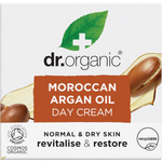 Dr Organic Moroccan Argan Oil Day Cream 50ml product box with a blue and white label on a white background.