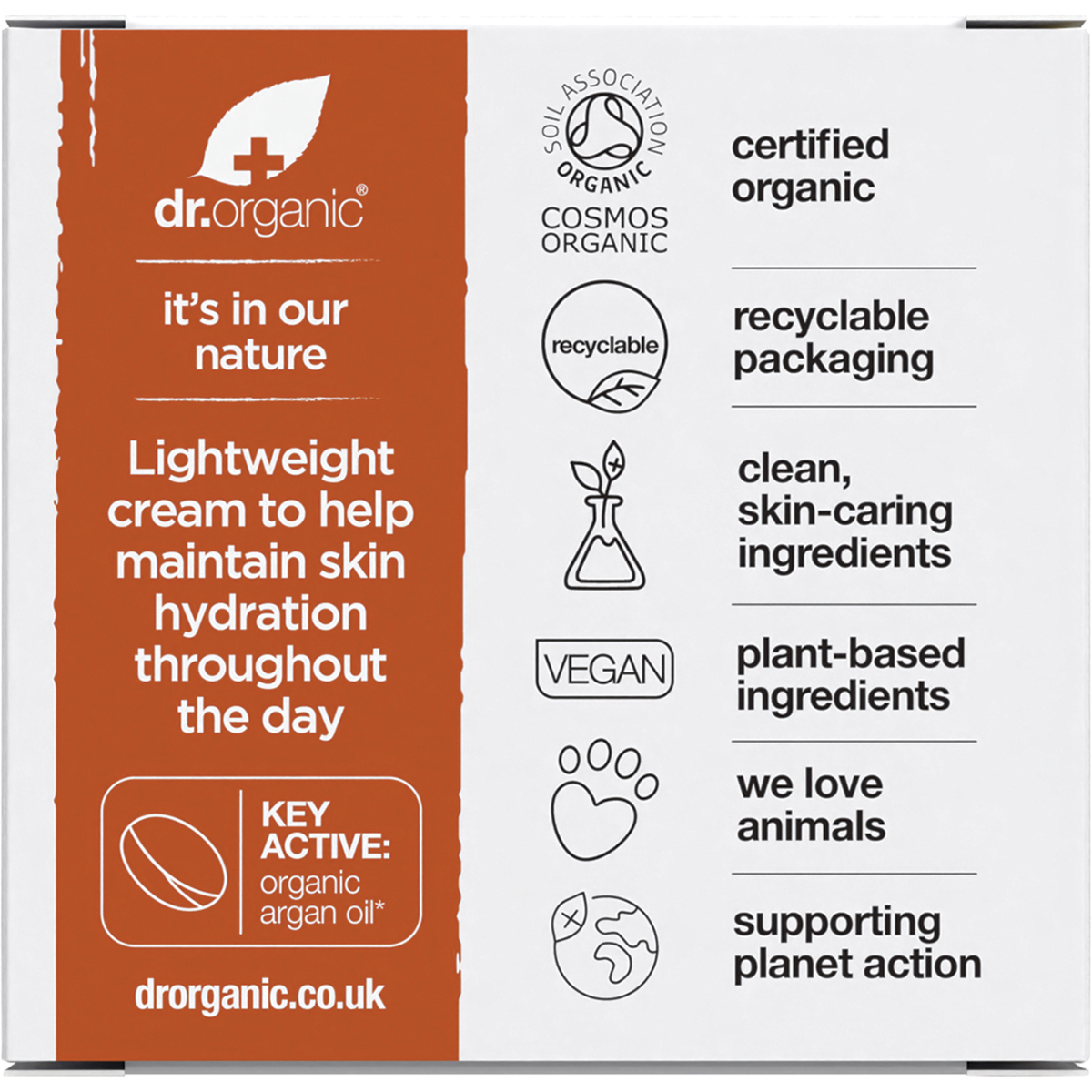 Back of the Dr Organic Moroccan Argan Oil Day Cream 50ml product box showing product information and ingredients.
