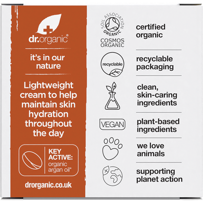 Back of the Dr Organic Moroccan Argan Oil Day Cream 50ml product box showing product information and ingredients.