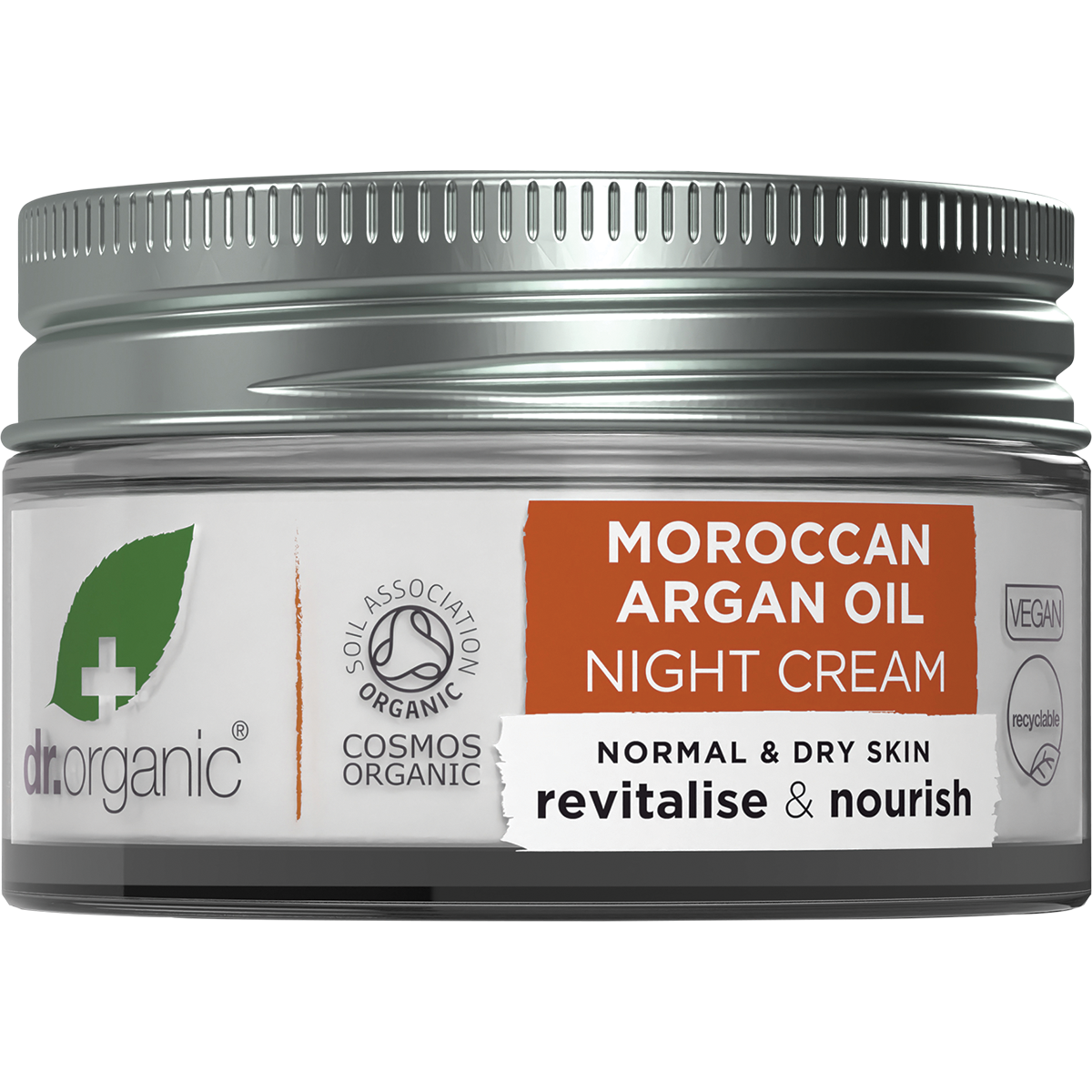 50ml jar of Dr Organic Moroccan Argan Oil Night Cream, a rich overnight therapy for normal to dry skin.