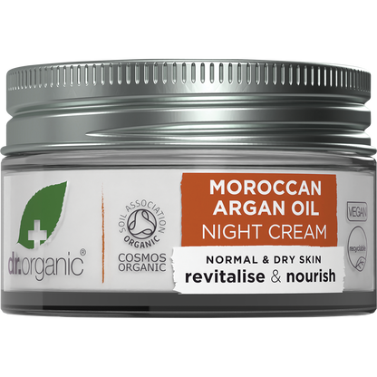 50ml jar of Dr Organic Moroccan Argan Oil Night Cream, a rich overnight therapy for normal to dry skin.
