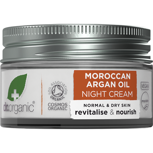 50ml jar of Dr Organic Moroccan Argan Oil Night Cream, a rich overnight therapy for normal to dry skin.
