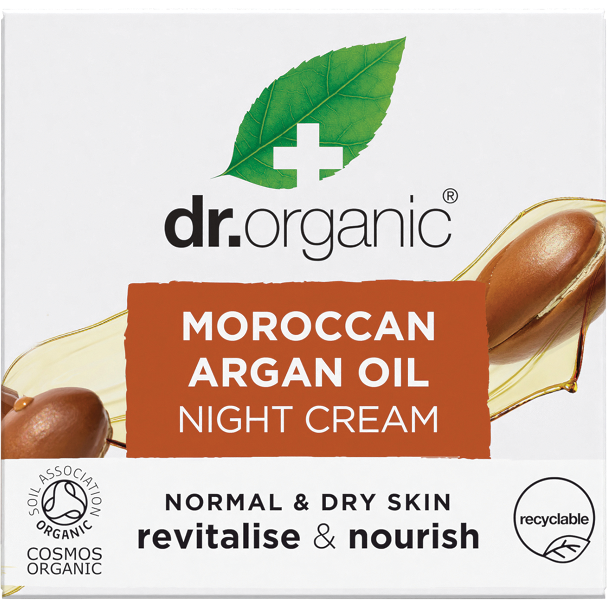 Front of a Dr Organic Moroccan Argan Oil Night Cream retail box featuring a blue and white design with a gold argan nut.