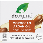 Front of a Dr Organic Moroccan Argan Oil Night Cream retail box featuring a blue and white design with a gold argan nut.