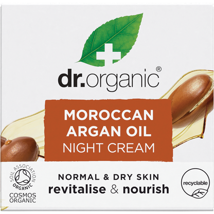 Front of a Dr Organic Moroccan Argan Oil Night Cream retail box featuring a blue and white design with a gold argan nut.