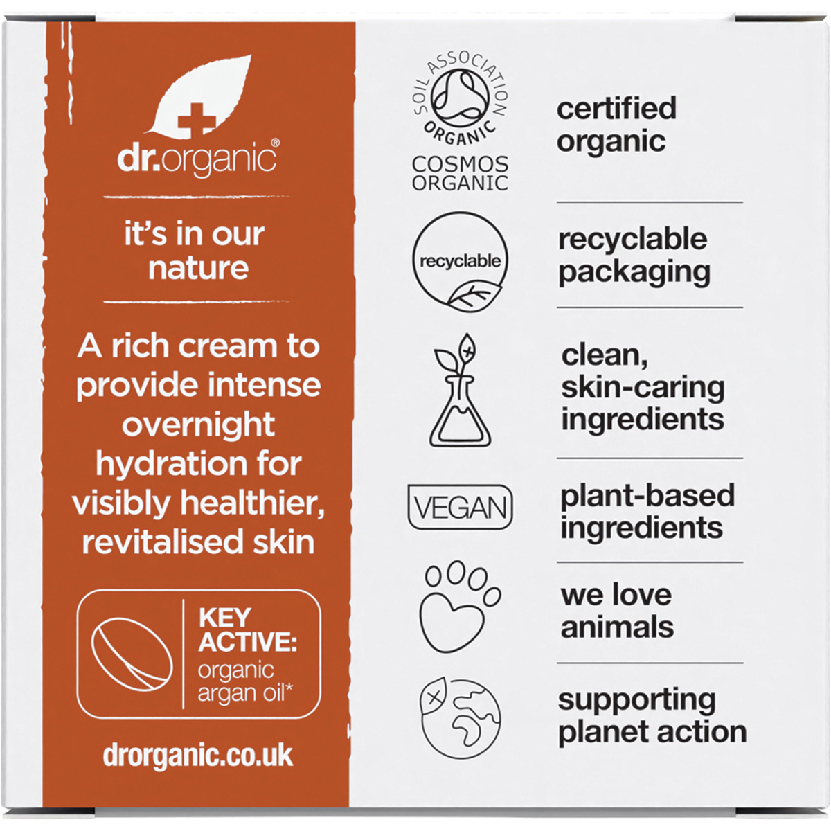 Back of Dr Organic Moroccan Argan Oil Night Cream box showing product description and organic ingredients list.