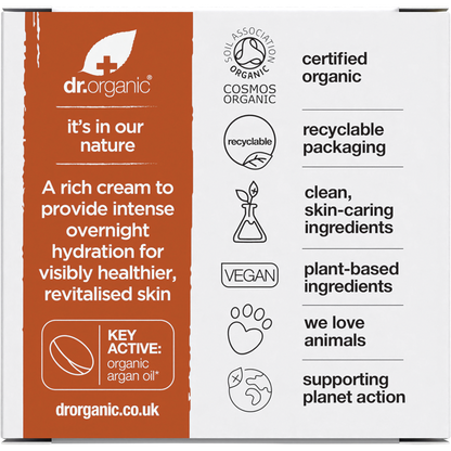 Back of Dr Organic Moroccan Argan Oil Night Cream box showing product description and organic ingredients list.