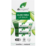 Dr Organic Aloe Vera Lip Balm 5.7ml displayed in a green and white branded cardboard box.