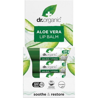 Dr Organic Aloe Vera Lip Balm 5.7ml displayed in a green and white branded cardboard box.