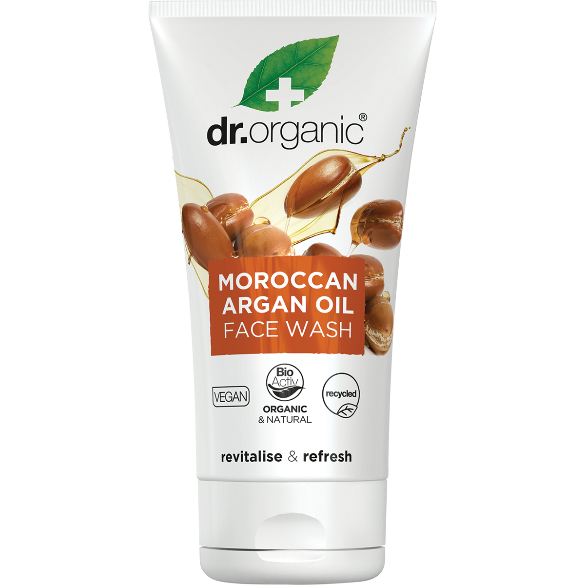 Dr Organic Moroccan Argan Oil Creamy Face Wash in a 150ml white and orange squeeze tube.