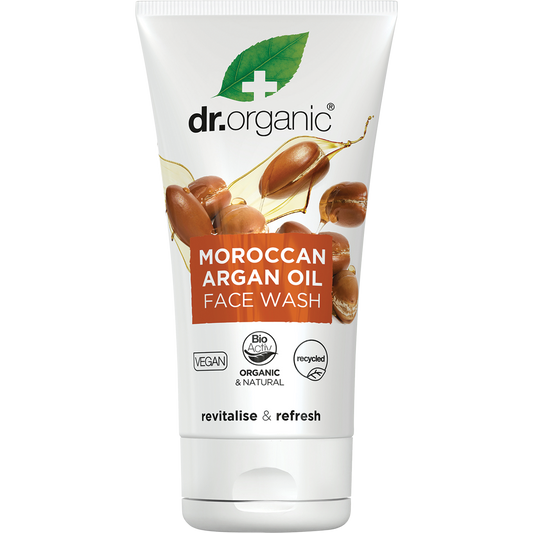 Dr Organic Moroccan Argan Oil Creamy Face Wash in a 150ml white and orange squeeze tube.