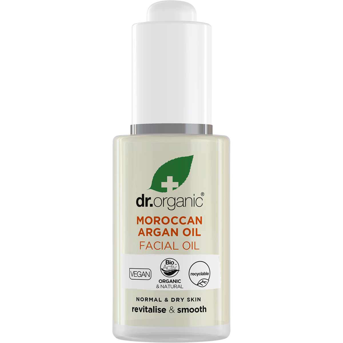 30ml glass bottle of Dr Organic Moroccan Argan Facial Oil with a pipette dropper on a white background.