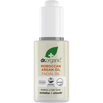 30ml glass bottle of Dr Organic Moroccan Argan Facial Oil with a pipette dropper on a white background.