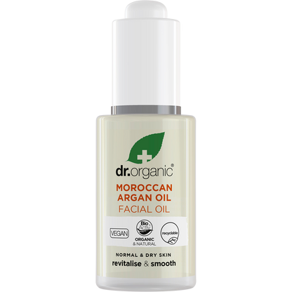 30ml glass bottle of Dr Organic Moroccan Argan Facial Oil with a pipette dropper on a white background.