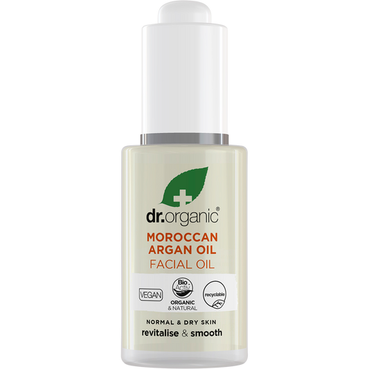 30ml glass bottle of Dr Organic Moroccan Argan Facial Oil with a pipette dropper on a white background.