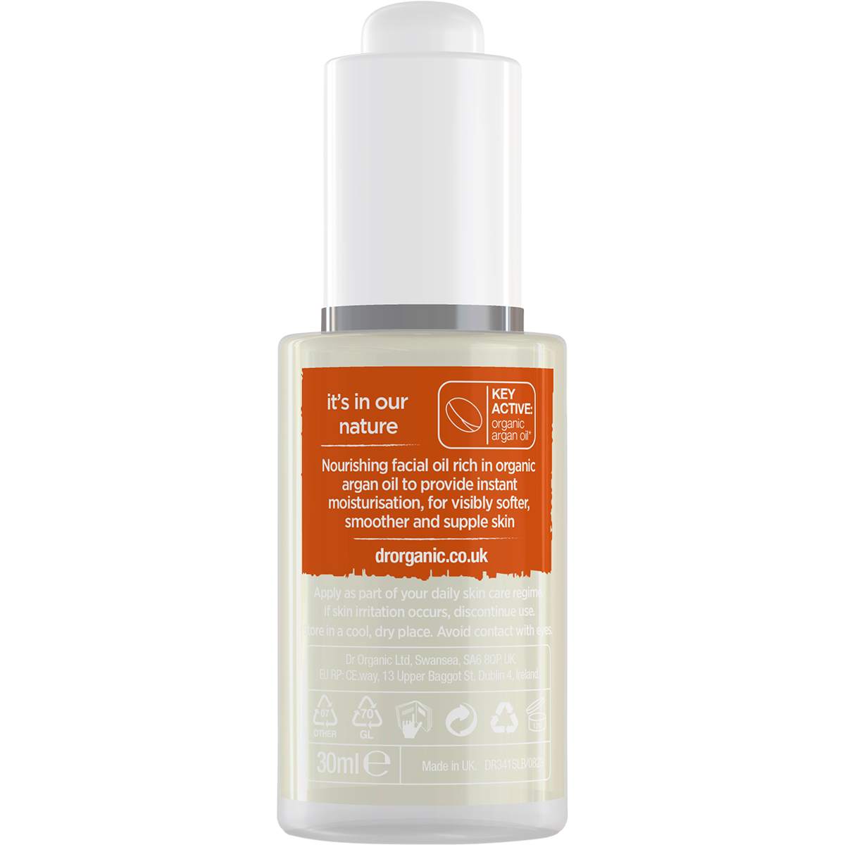 Back of a Dr Organic Moroccan Argan Facial Oil 30ml bottle with directions, ingredients, and a "Natural" logo.