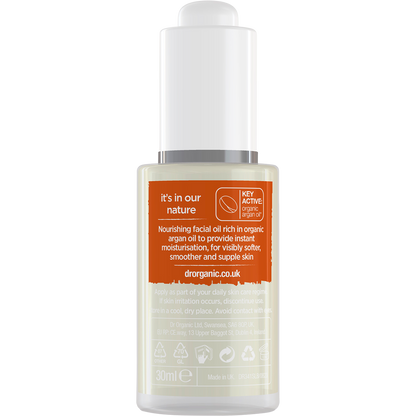 Back of a Dr Organic Moroccan Argan Facial Oil 30ml bottle with directions, ingredients, and a "Natural" logo.