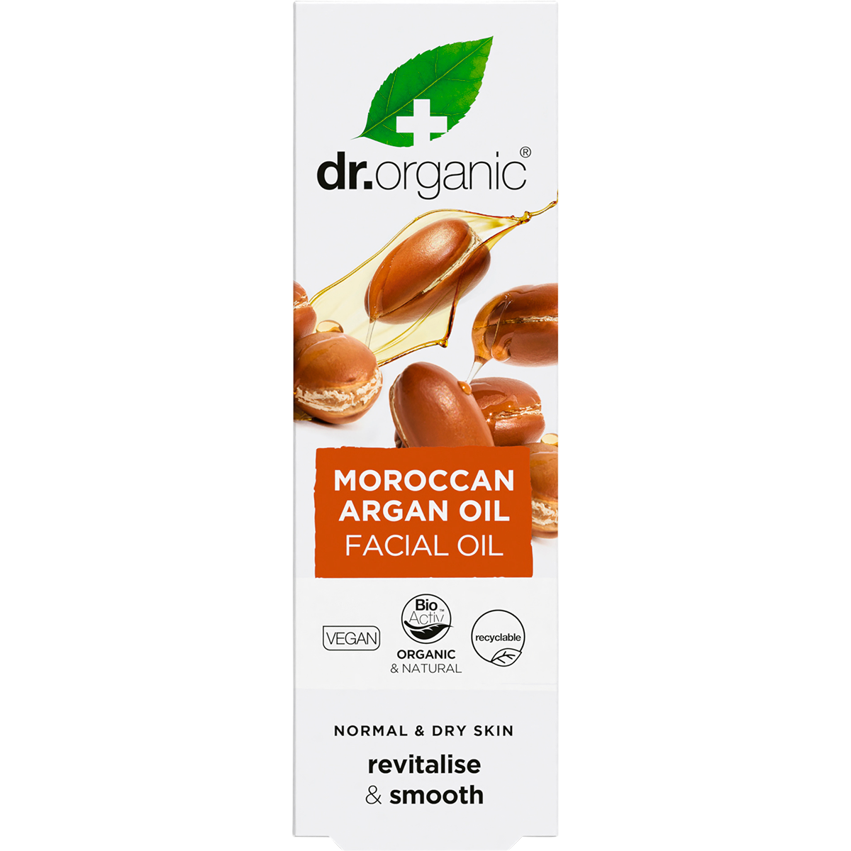 Dr Organic Moroccan Argan Facial Oil 30ml product box with gold and brown branding on a white background.