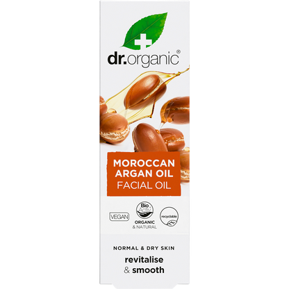 Dr Organic Moroccan Argan Facial Oil 30ml product box with gold and brown branding on a white background.