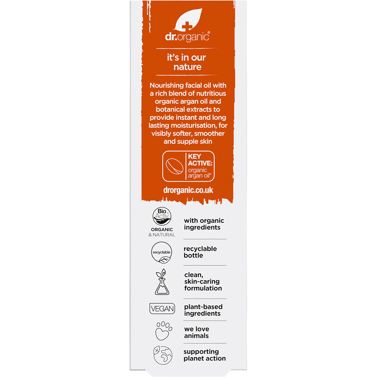 Back of Dr Organic Moroccan Argan Facial Oil box showing directions, ingredients, and product benefits.