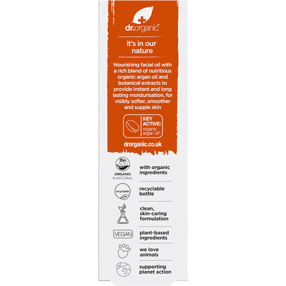Back of Dr Organic Moroccan Argan Facial Oil box showing directions, ingredients, and product benefits.