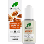 30ml bottle and box of Dr Organic Moroccan Argan Facial Oil with a pipette dropper on a white background.