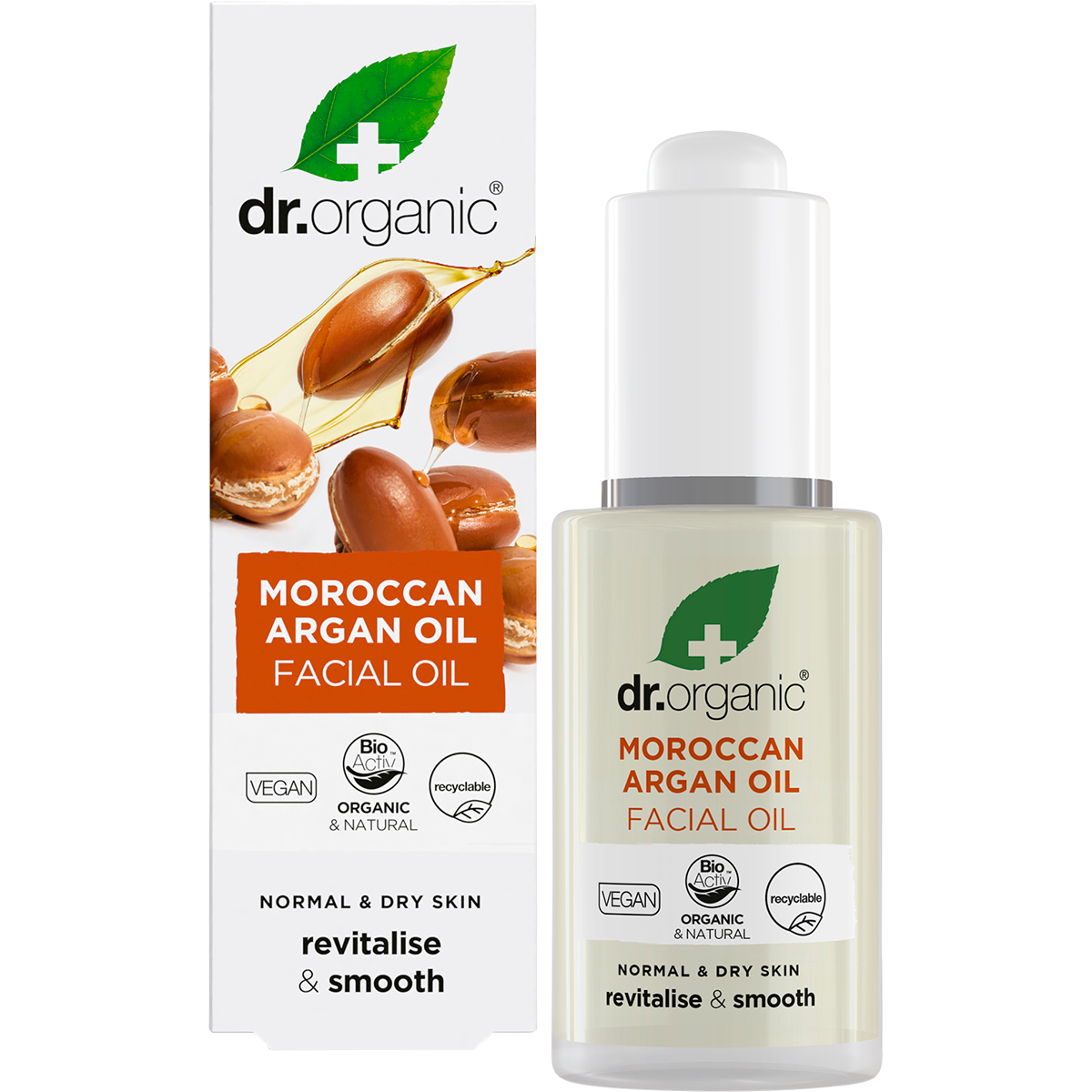 30ml bottle and box of Dr Organic Moroccan Argan Facial Oil with a pipette dropper on a white background.