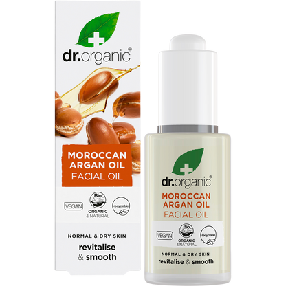 30ml bottle and box of Dr Organic Moroccan Argan Facial Oil with a pipette dropper on a white background.