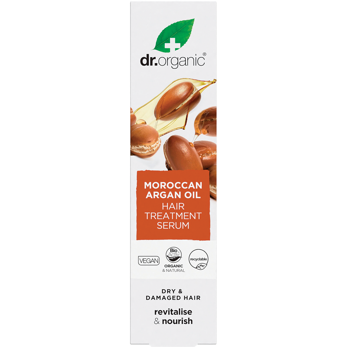 White and gold retail box for Dr Organic Moroccan Argan Oil Hair Treatment Serum 100ml.