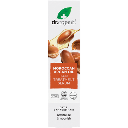 White and gold retail box for Dr Organic Moroccan Argan Oil Hair Treatment Serum 100ml.