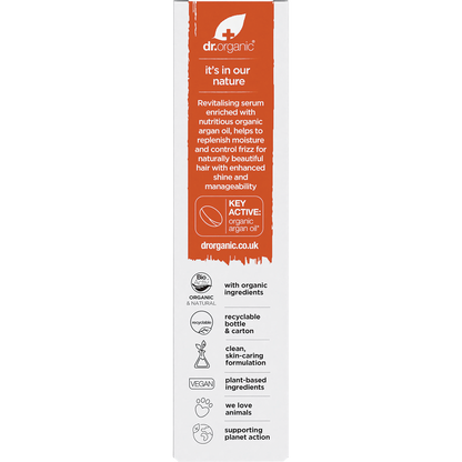 Back of the white and gold box for Dr Organic Moroccan Argan Oil Hair Treatment Serum with product details and directions.
