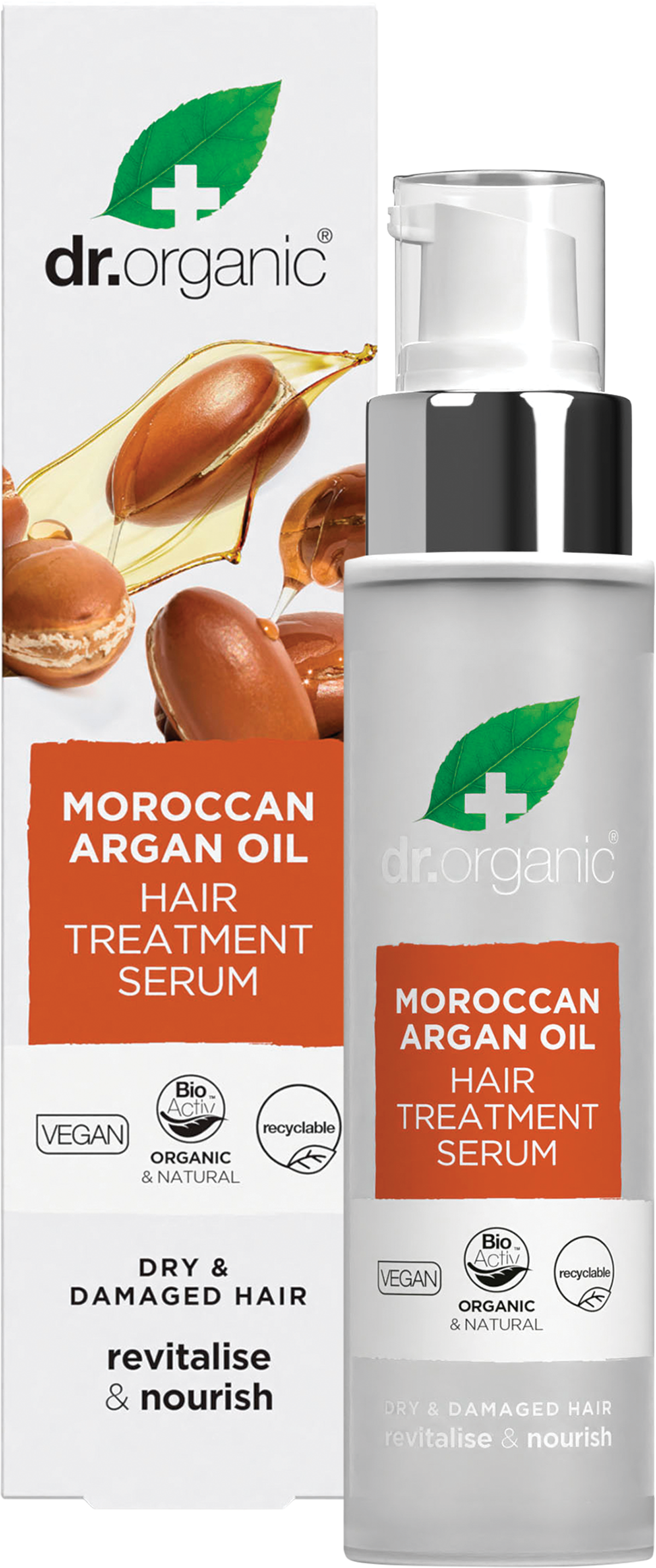 Dr Organic Moroccan Argan Oil Hair Treatment Serum 100ml bottle shown with its white and gold retail box.
