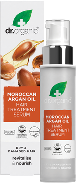 Dr Organic Moroccan Argan Oil Hair Treatment Serum 100ml bottle shown with its white and gold retail box.