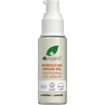 30ml bottle of Dr Organic Moroccan Argan Oil Tightening Eye Serum with a dropper lid and botanical label.