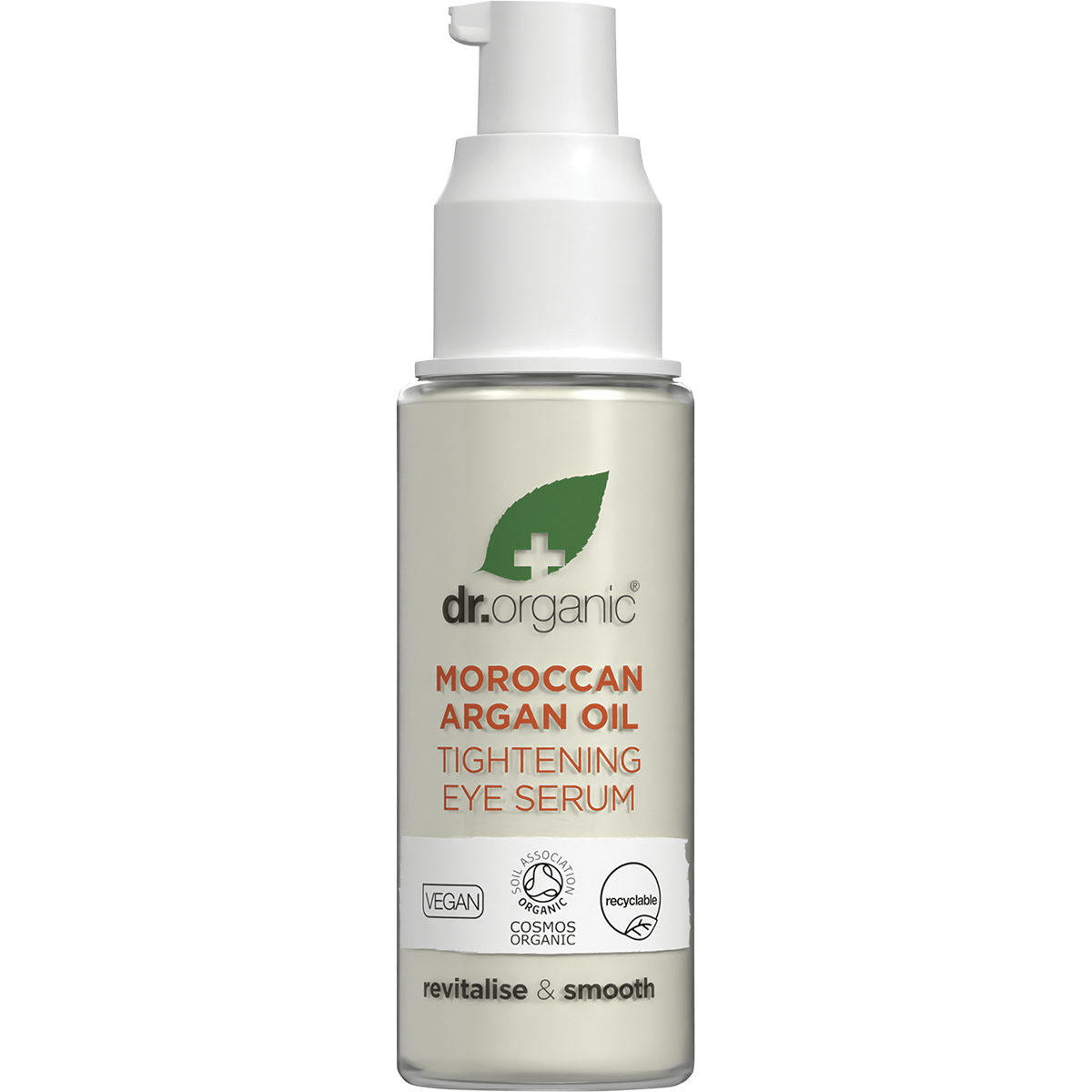 30ml bottle of Dr Organic Moroccan Argan Oil Tightening Eye Serum with a dropper lid and botanical label.