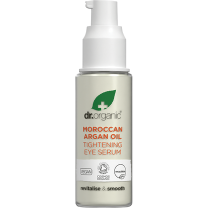 30ml bottle of Dr Organic Moroccan Argan Oil Tightening Eye Serum with a dropper lid and botanical label.
