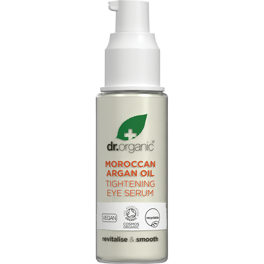 30ml bottle of Dr Organic Moroccan Argan Oil Tightening Eye Serum with a dropper lid and botanical label.