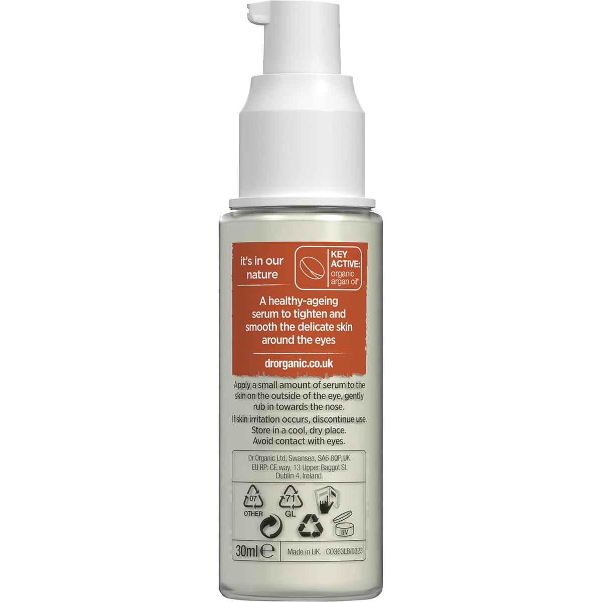 Back of Dr Organic Moroccan Argan Oil Eye Serum 30ml bottle showing ingredients, benefits, and usage instructions.
