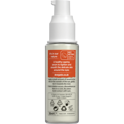 Back of Dr Organic Moroccan Argan Oil Eye Serum 30ml bottle showing ingredients, benefits, and usage instructions.