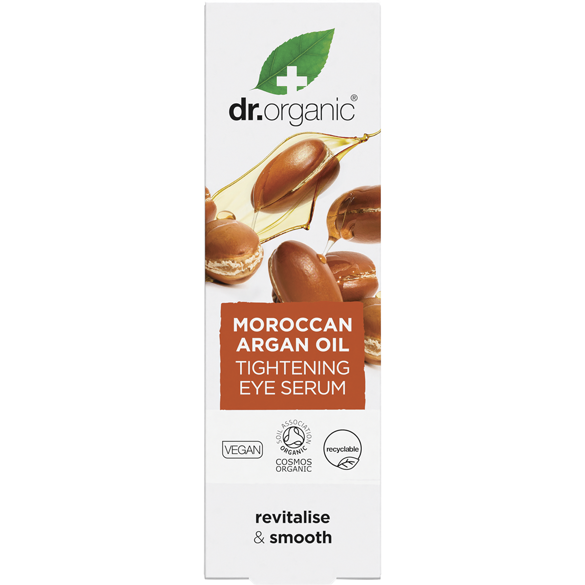 Dr Organic Moroccan Argan Oil Eye Serum 30ml in its white and gold cardboard box with a botanical design.