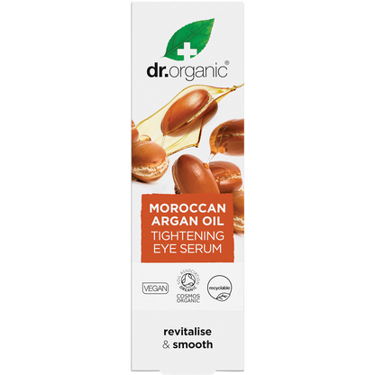 Dr Organic Moroccan Argan Oil Eye Serum 30ml in its white and gold cardboard box with a botanical design.