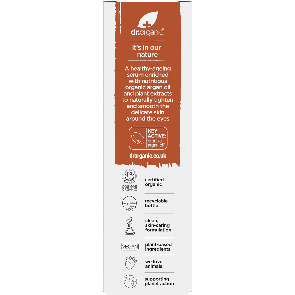 Back of Dr Organic Moroccan Argan Oil Eye Serum box showing ingredients, directions, and product benefits.