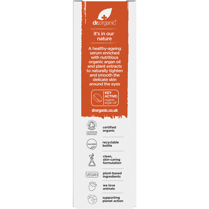 Back of Dr Organic Moroccan Argan Oil Eye Serum box showing ingredients, directions, and product benefits.