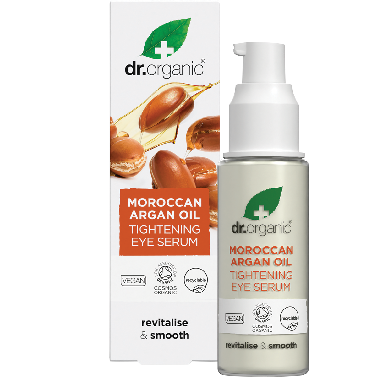 30ml bottle and box of Dr Organic Moroccan Argan Oil Tightening Eye Serum with a dropper lid on a white background.