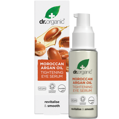 30ml bottle and box of Dr Organic Moroccan Argan Oil Tightening Eye Serum with a dropper lid on a white background.