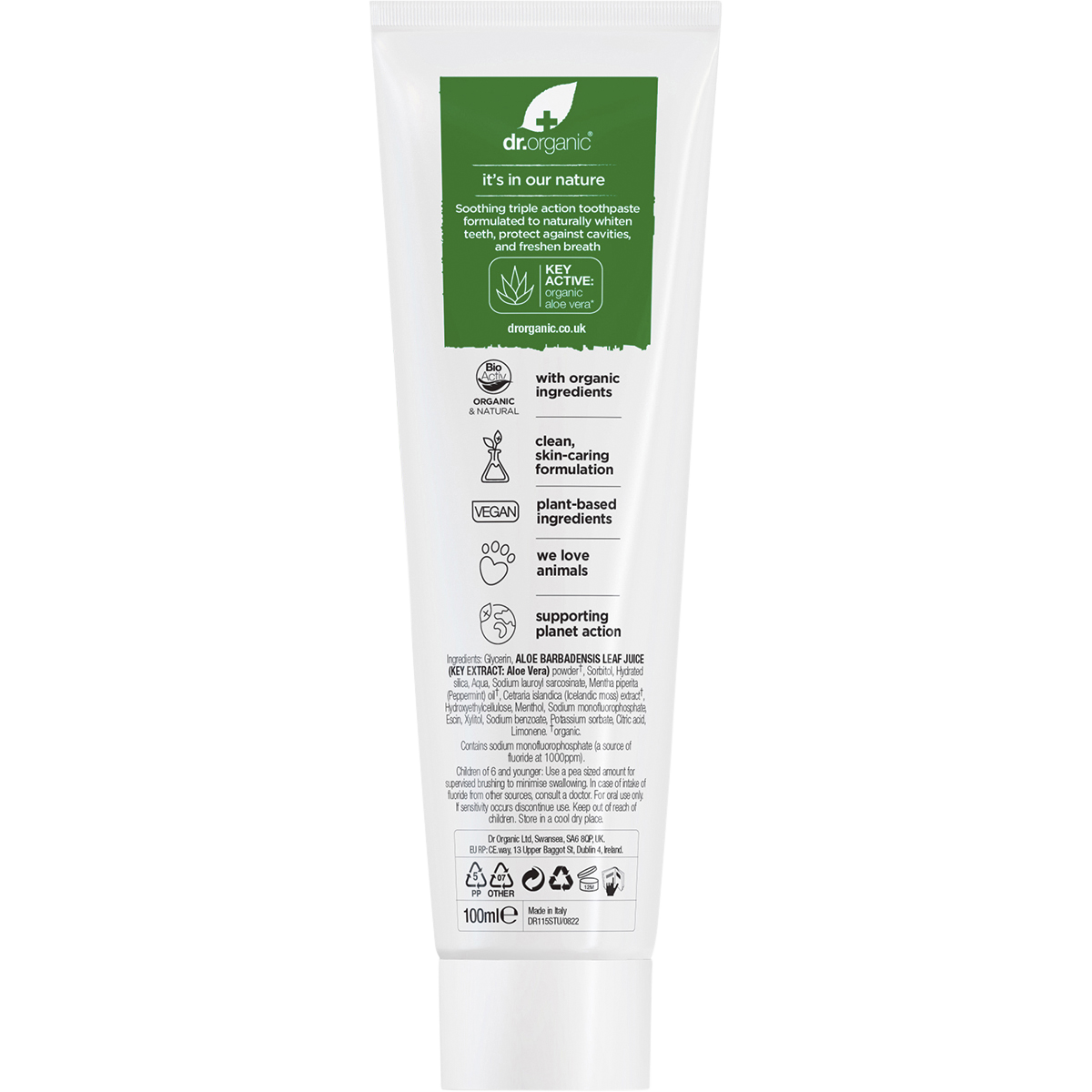 Back of a 100ml Dr Organic Aloe Vera Whitening Toothpaste tube showing ingredients and directions on a white background.